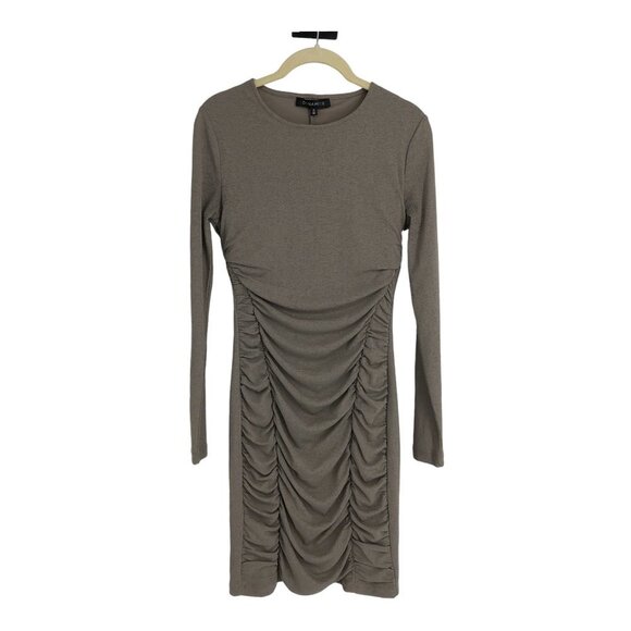 Dynamite Taupe Ruched Shirred  flattering Bodycon long sleeve Mini Dress size M - Picture 2 of 16